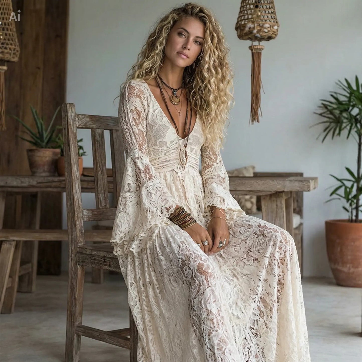 Vestito ricamato in pizzo con scollo a V