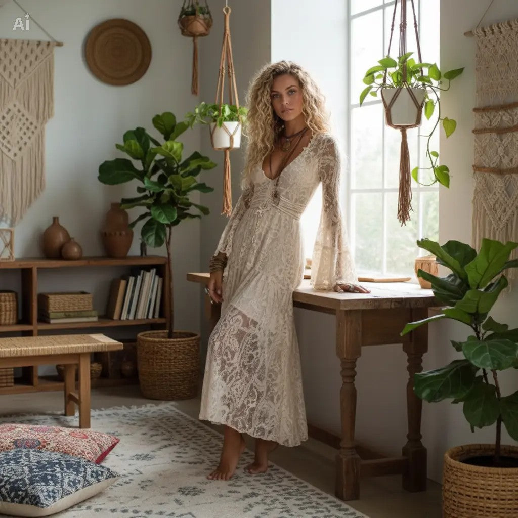 Vestito ricamato in pizzo con scollo a V