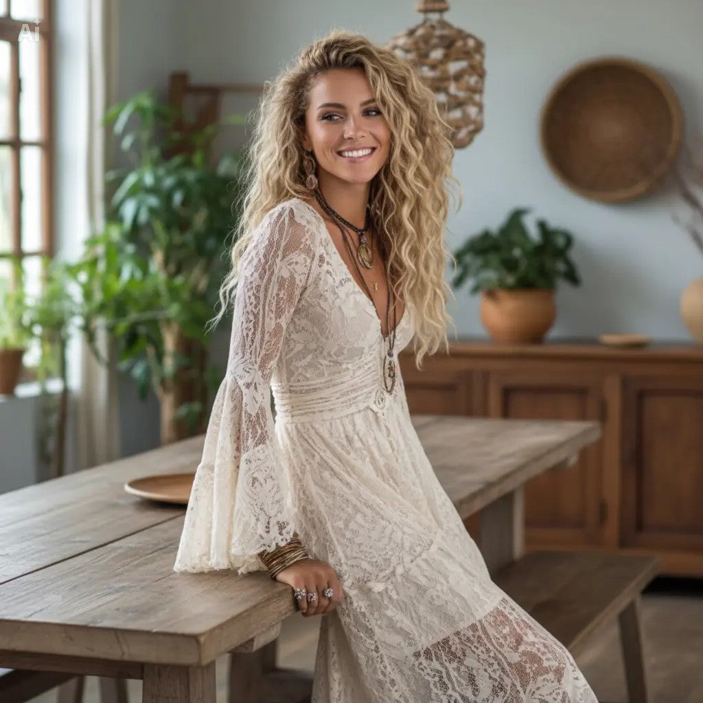 Vestito ricamato in pizzo con scollo a V