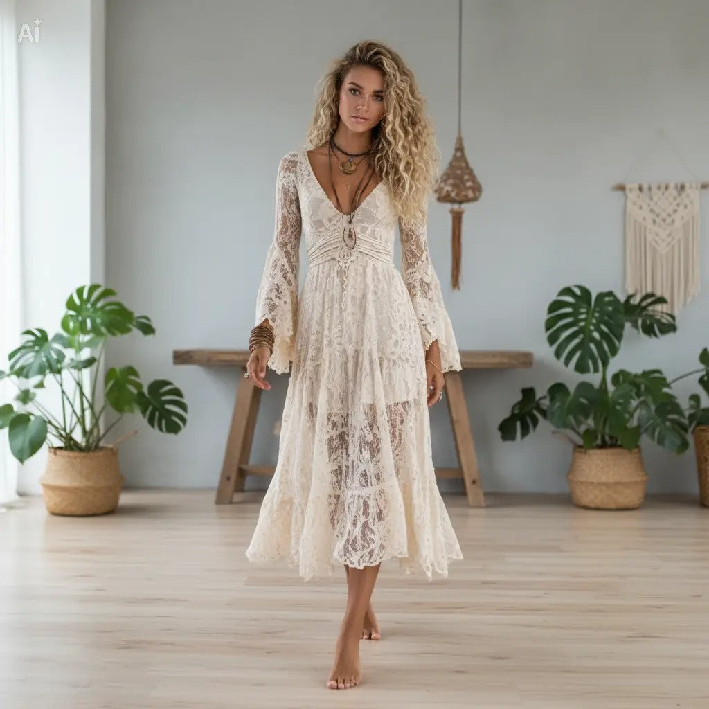 Vestito ricamato in pizzo con scollo a V